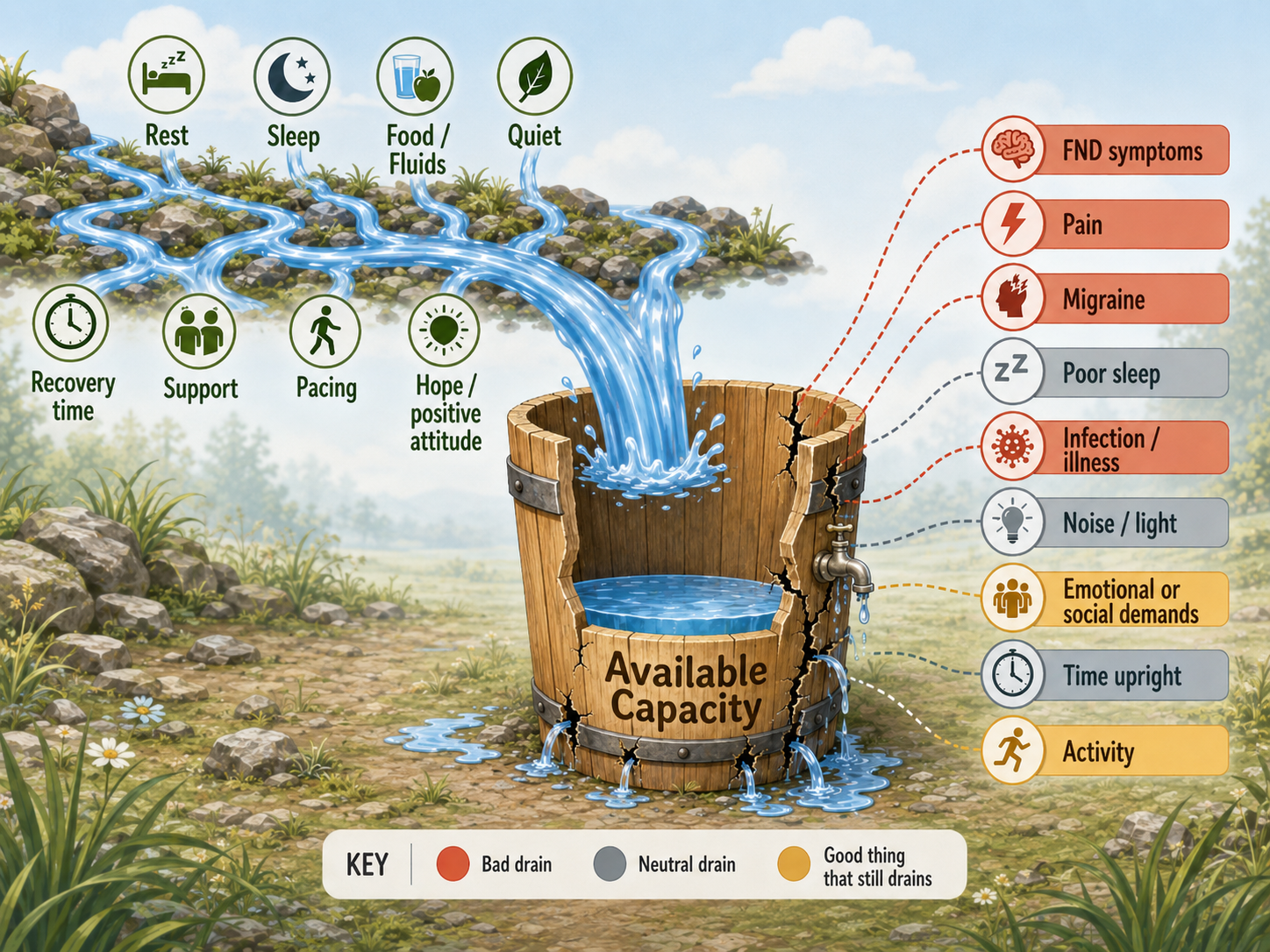 Available Capacity illustrated using a leaky bucket but with positive flows into it as well